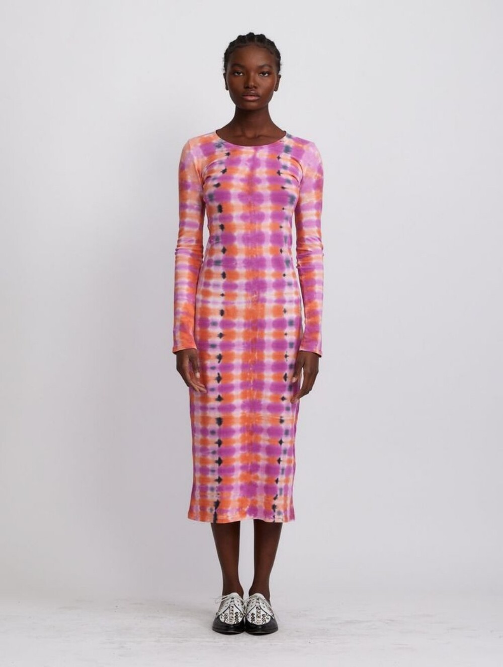 Raquel Allegra Fitted Long Sleeve Dress Pink Orange Tie Dye Bodycon Midi Size M